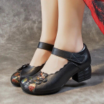 Johnature Ethnic Style ehtsast nahast tr&uuml;kitud naiste kingad Retro &uuml;mmarguse varbaosaga paksu kontsaga pehme talla pumbad 35 must