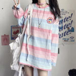 Naiste triibuline T-s&auml;rk pikkade varrukatega Jaapani Kawaii t&uuml;drukute T-s&auml;rk Kevadine Retro Rainbow Harajuku Tees Graafika Topid Naistele M