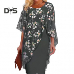 Naiste kleit Lilleprint V&otilde;lts Kaheosaline ebakorrap&auml;rane &uuml;mbris, &uuml;mara kaelusega &scaron;ifoonist lapiline poolvarrukad L roheline