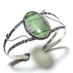 Natural Green Fluorite Gemstone 925 Sterling Silver Cuff Bangle Adjustable n9i39
