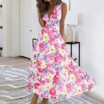 Naiste pikk kleit Maxi kleit vabaaja kleit Suvine vabaaja varrukateta V-kaelusega Boho v&ouml;&ouml;koha tagasit&otilde;mbega kleit tr&uuml;kiga L sinine