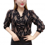 Naiste lipsuga s&auml;rk V-kaelusega pikkade varrukatega pullover-pluusid, tr&uuml;kkides kunstp&auml;rliga lahtise l&otilde;ikega pluus, pluss-suuruses t&auml;navariietus 2XL must