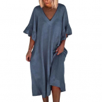 Naiste suvine kleit V-kaelusega, volangidega, lapiga varrukatega, lahtised &uuml;hev&auml;rvilised A-kujulised, suured poolsarvedega varrukad, vabaaja pullover, igap&auml;evaseks kandmiseks m&otilde;eldud midikleit XL khaki