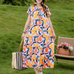 Vintage mustriga vabaaja kleidid naistele, pluss suurus, l&uuml;hikeste varrukatega pikk kleit suveks, keskealiste naiste riided XL