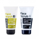 Ustraa Face Scrub for Men - 100g - with Activated charcoal, Tahitian Volcanic Sand & Walnut Granules | & Face Wash - Oily Skin - 200g - With Basil