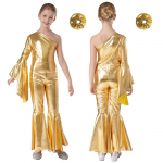 T&uuml;drukutele l&auml;ikivad laia s&auml;&auml;rega p&uuml;ksid m&auml;ngukost&uuml;&uuml;m Metallic Disco Party Romper Kleit Jumpsuit Halloweeni kost&uuml;&uuml;m Flare Bell Bottom Sparkle Tantsutrikood 9-10 Years kuld