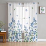 Kevadine akvarell sinised lilled l&auml;bipaistev voile akna kardinad t&uuml;llkardinad elutoa r&otilde;du kaunistus kardinad 135W x 114H(cm)