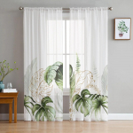 Akvarell, palmirohelised lehed, istutage l&auml;bipaistvad kardinad elutoa kaunistamiseks Aknakardinad K&ouml;&ouml;k T&uuml;ll Voile Organza kardinad W135 x H115cm x1&Grommet Top