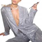 Naiste litrid s&auml;rk p&uuml;ksid rev V kaelus kottis pikkade varrukatega keskmise pikkusega mantel laia s&auml;&auml;rega &uuml;lisuured p&uuml;ksid pidude klubi Kuulsuste komplekt M Jacket h&otilde;be