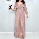 Naiste seksikas &otilde;htupeo plisseeritud s&uuml;gava V-kaelusega pikk kleit, k&otilde;rge v&ouml;&ouml;kohaga v&ouml;&ouml;ga Glitter Bling Bling kleit M roosa