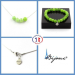 Pierres et Min&eacute;raux. Parure bijoux Bracelet Collier 4 perles P&eacute;ridot 8 mm. Chaine en acier Taille personnalisable.