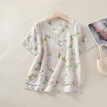 Suvine &otilde;huke puuvillane linane retro V-kaelusega s&auml;rk Metsastiilis lahtine kunstiline pullover s&auml;rk topp naistele M