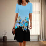 Naiste moodne graatsiline lilleprindiga suvine kevadine l&uuml;hikeste varrukatega O-kaelusega vabaajakleidid XS sinine