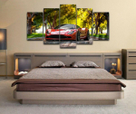 Punane luksuslik sportauto metsas 5 paneeliga l&otilde;uendiga pilt prinditud seinakunst l&otilde;uendimaaling elutoa seinakaunistus ilma raamita 20x35cm*2 20x45cm*2 20x55cm*1