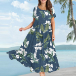 Naiste vabaaja vaba boheemlaslik lilleline kleit l&uuml;hikeste varrukatega, pikk maxi suvine rannakiik L