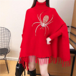 Pullover Solid Kampsun Naiste Talvine Uus K&otilde;rge kraega Tutt Kootud Kampsun Nahkhiires&auml;rk Mantel Naiste Litrid Lahtine Solid Cape Naine One Size punane
