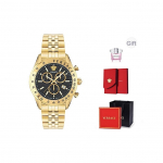 Versace Kvartsikell Roostevabast terasest rihm Valge sihverketas Kronograaf Kalender Multifunktsionaalne Paarikell Meeste kellad h&otilde;bedane VE8R00424 Black Gold Box+Scarf