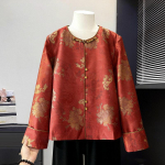 Kevadine uus toode: Elegantne Hiina stiilis &uuml;mmarguse kaelusega tr&uuml;kitud jakk moekatele keskealistele naistele XL (115-130 kg) punane