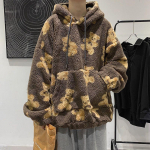 Meeste V&auml;ike karu mustriga karvane kapuuts Talvine soe pl&uuml;&uuml;sis magusad pulloverid Vintage Korea stiilis lahtine kampsun S