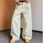 Naiste Ameerika Retro Tikitud Pesitud Teksap&uuml;ksid Y2K L&otilde;dvad Sirged Denim P&uuml;ksid Streetwear S beež
