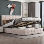 Polsterdatud voodi 140*200, kaheinimesevoodi h&uuml;drauliliselt avatava panipaiguga, peatsiots, metallist lippidest alus, sametkangas, kreemjas valge 203 x 140 x 106 cm