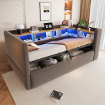 Polsterdatud Voodi H&uuml;drauliline Diivanvoodi 90*190cm, Varustatud LED-valgustite, Pistiku&uuml;henduste ja Paljude Panipaikadega, Multifunktsionaalne, &Uuml;heinimesevoodi, Tumehall 211 x 108.5 x 98.5 cm tumehall v&auml;rv