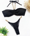 Naiste ujumisriided Solid Halter Sexy Chain Bikiinid Selja Tie Stringid Brasiilia rannariided Ujumis&uuml;likonnad S must