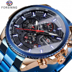 Forsining2022 uus kolme kettaga spordi automaatne mehaaniline rihmakalender, meeste top k&auml;ekell helemust roostevabast terasest kell, PU rihmaga k&auml;ekell sinine lupiin