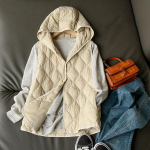 Naiste s&uuml;gistalvine varrukateta valge pardi sulejope mantel Parka polsterdatud vest l&uuml;hike kapuutsiga teemantv&otilde;re lahtine, &uuml;hev&auml;rviline L beež