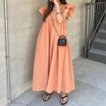 Korea &scaron;ikk volangservaga plisseeritud suvine naiste kleit Uus naiste elegantne k&otilde;rge v&ouml;&ouml;kohaga kleidid Naiste puuvillane pikk kleit S oranž