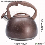 BORREY 3L roostevabast terasest vilega veekeetja gaasipliit induktsiooniga veekeetja puidutera k&auml;epidemega lameda p&otilde;hjaga suure mahutavusega veekeetja teekann Brown