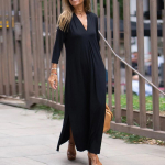 Naiste kevadsuvi mood &uuml;hev&auml;rviline V-kaelusega 3/4 varrukatega kootud l&otilde;hestatud pikk kleit must oranž S must