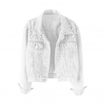 Womens Long Sleeve Cardigan Denim Jacket Solid Single Breasted Cropped Beaded Coat XS valge