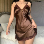 Prindi Flower Chemise magamisriided &Ouml;&ouml;s&auml;rk L&uuml;hike suvine Seksikas Spaghetti Sling Koduriided Satiinist pitsist Patchwork Naiste &ouml;&ouml;s&auml;rk M pruun