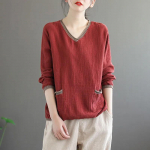 Puhast puuvillast kahekihilisest puuvillasest l&otilde;ngast naiste suvetopsid Retro &uuml;hev&auml;rvilised V-kaelusega T-s&auml;rgid, avarad pikkade varrukatega naiste s&auml;rgid M