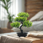 Kunstlikud bonsai puutaimed pottides, kunstlik siseruumides vannitoa jaoks heleroheline v&auml;rv