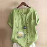 Naiste mood, lilledega prinditud &uuml;markaelus l&uuml;hikeste varrukatega T-s&auml;rk vabaaja puuvillane linane graafiline s&auml;rk vaba aja suvise pluusiga S roosa