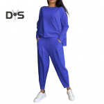 2 tk/komplekt S&uuml;giskevad naiste top p&uuml;kste komplekt pikkade varrukatega O kaelusega T-s&auml;rk Elastsed v&ouml;&ouml;p&uuml;ksid k&uuml;ljetaskutega OL pendeldamise sport p&uuml;kskost&uuml;&uuml;m 3XL sinine