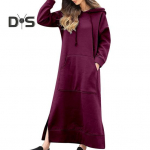 Naiste s&uuml;gistalvine &uuml;hev&auml;rviline dressipluus, kapuutsiga, n&ouml;&ouml;riga pikkade varrukatega, eest tasku, pooljaotusega maksikleit 4XL veinipunane v&auml;rv