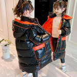 Winter Girls Down Jacket Long Style Keep Warm Fashion Princess Coat Hooded Zipper Girls Outerwear Kids Clothes 170cm oranž