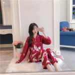 Siidist naiste satiinist pidžaama pidžaamakomplekt pikkade varrukatega vabaaja magamisriided &ouml;&ouml;riided mugavad loomade puhkeriided satiin M-5XL M punane