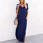 Naiste vabaaja &uuml;hev&auml;rviline V-kaelusega l&uuml;hikeste varrukatega avara k&uuml;ljel&otilde;hikuga pikk pikk kleit XXXL tumesinine v&auml;rv