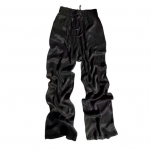 Women Casual Pants Elastic Waist Adjustable Drawstring Straight Wide Leg Trousers with Pockets Solid Color Loose Fit Long Pants 2XL khaki