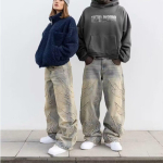Meeste Baggy Esteetilised Streetwear Jeans Mees Retro Mood Laiad S&auml;&auml;red Denim P&uuml;ksid Graafilised Tikitud Disainer Hip Hop Denim P&uuml;ksid S black