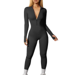 Naiste pikkade varrukatega treeningjumpsuit, lukuga kombinesoon, p&uuml;ksid, kehakost&uuml;&uuml;m, kehasse liibuv, seksikas, jooga, treening, soonikkoes, vabaaja, &uuml;hes t&uuml;kis M must