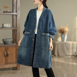 DIMANAF 2025 S&uuml;gis Denimjakid Pikk Mantel Pikkade Varrukatega S&auml;rk Naised Vabaaja Sinine Vintage &Uuml;laosad Pluss Suurus Mantel L sinine