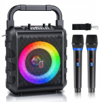 Karaoke karp 2 juhtmevaba mikrofoniga, Professionaalne kaasaskantav Bluetooth-karaoke LED-valgustitega, Eco/TF/USB, AUX pidudeks ja t&auml;iskasvanutele