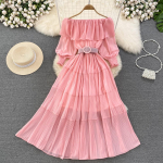 Naiste Vintage &otilde;lakleit Sifoonist Suvine Sweet Lotus Leaf Edge Elegantsed plisseeritud kleidid Naiste &otilde;htupeo pikk kleit One Size