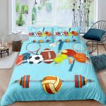 Tennisev&auml;ljaku mustriga tekikottide komplekt, poiste spordim&auml;ngude teemaline tekikott, kollane tennise reketi ja spordivarustuse voodipesukomplekt 135x200cm