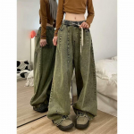 Vintage Sirged Pikad P&uuml;ksid Naiste Teksad Lai Jalg P&otilde;randani Ulatuvad L&otilde;dvad Denim Paelpingutus Elastne V&ouml;&ouml;koht &Uuml;hev&auml;rvilised Hip Hop T&auml;navamood Pluss Suurus S roheline